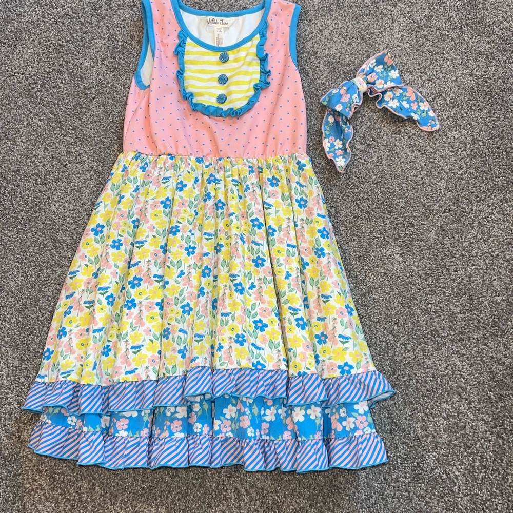 Matilda Jane Yellow Striped Dress with Blue Trim